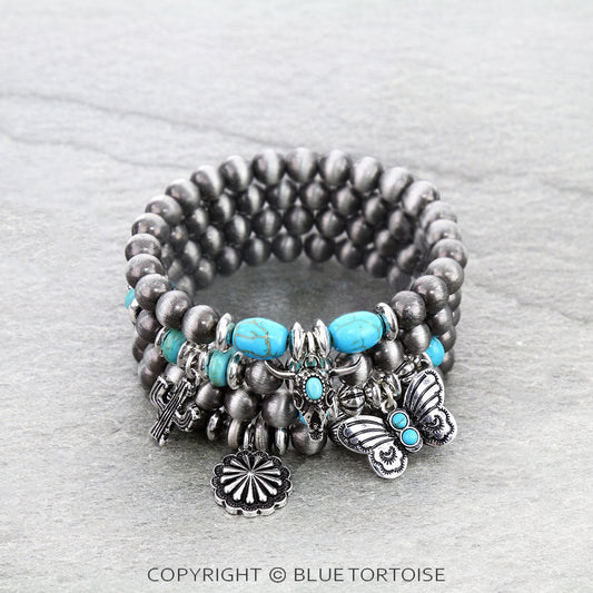 Navajo Style Pearl with Western Charm Stackable Bracelets