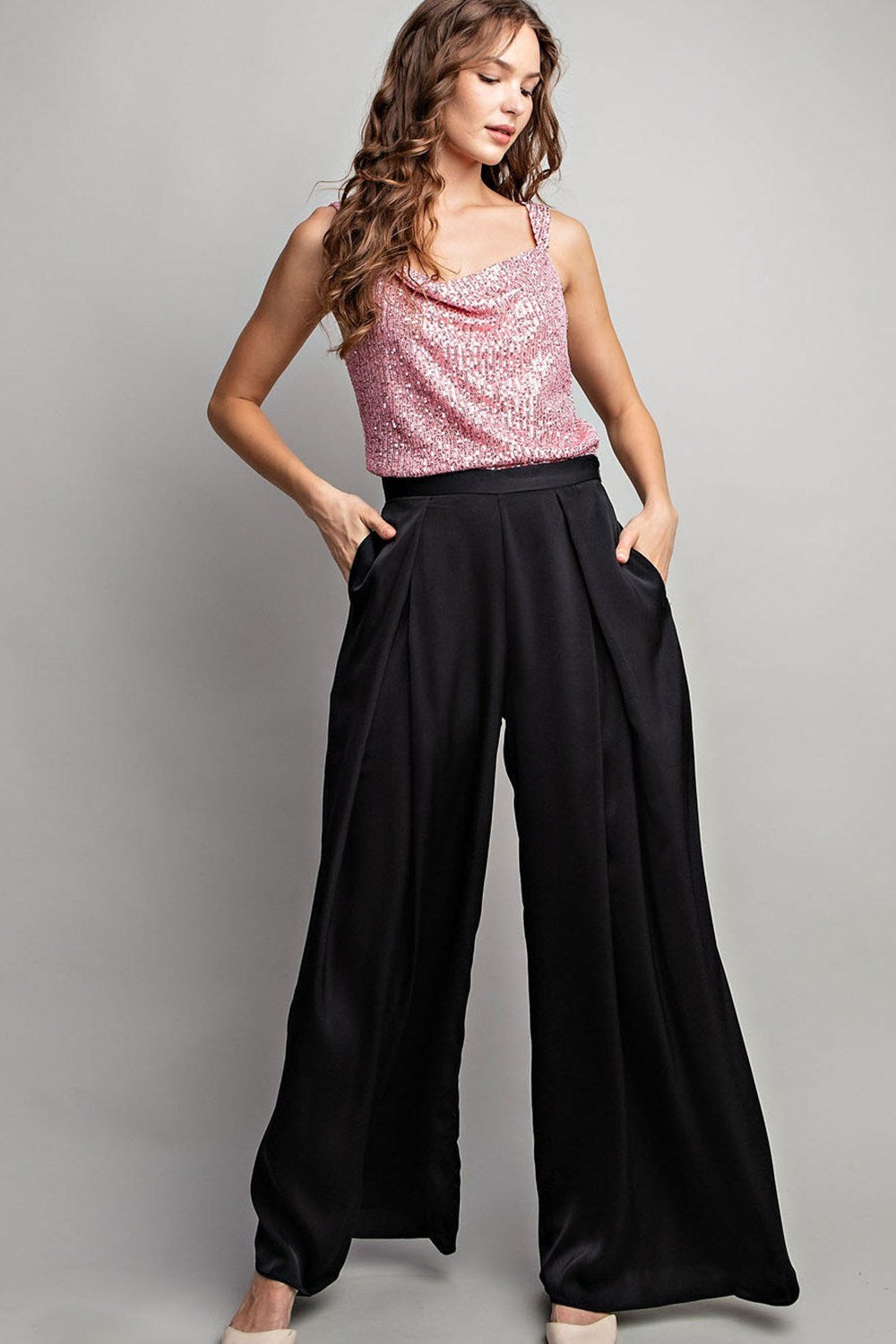 PLEATED WIDE LEG PANTS - Small