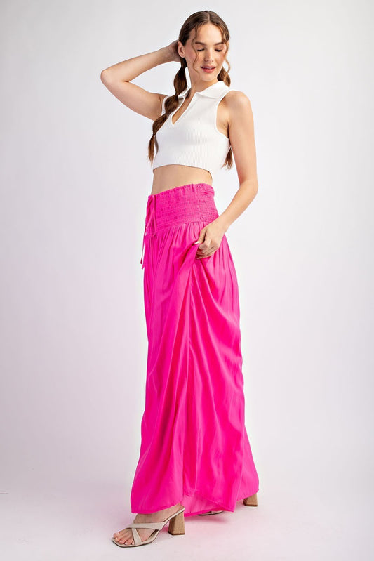 SMOCKED WAIST TIE WIDE LEG PANTS