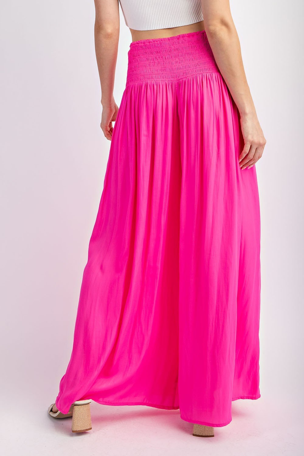 SMOCKED WAIST TIE WIDE LEG PANTS