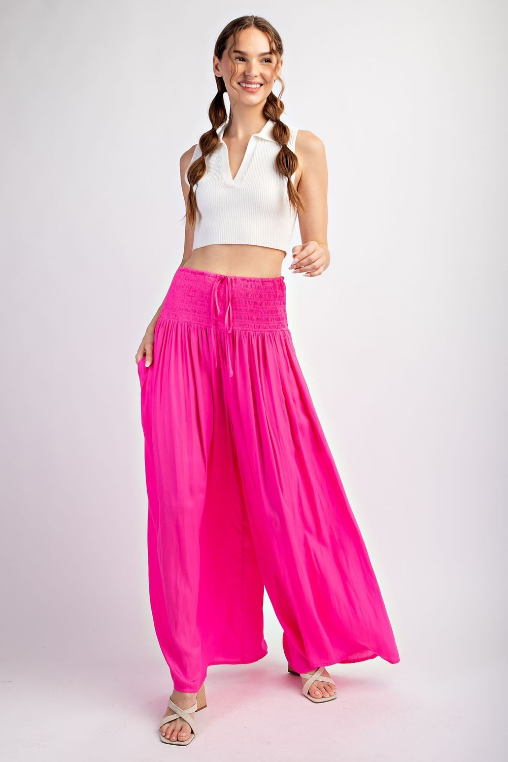 SMOCKED WAIST TIE WIDE LEG PANTS