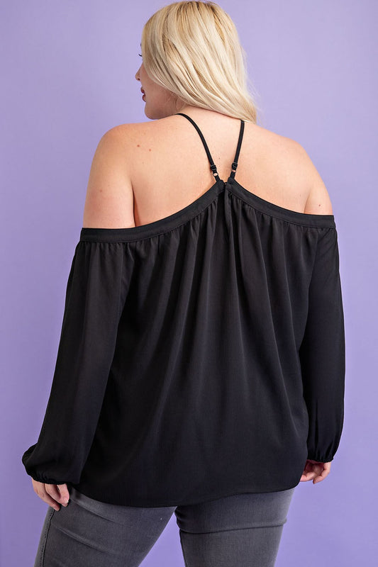 PLUS SOLID OFF THE SHOULDER TOP WITH STRAP DETAIL/BLACK