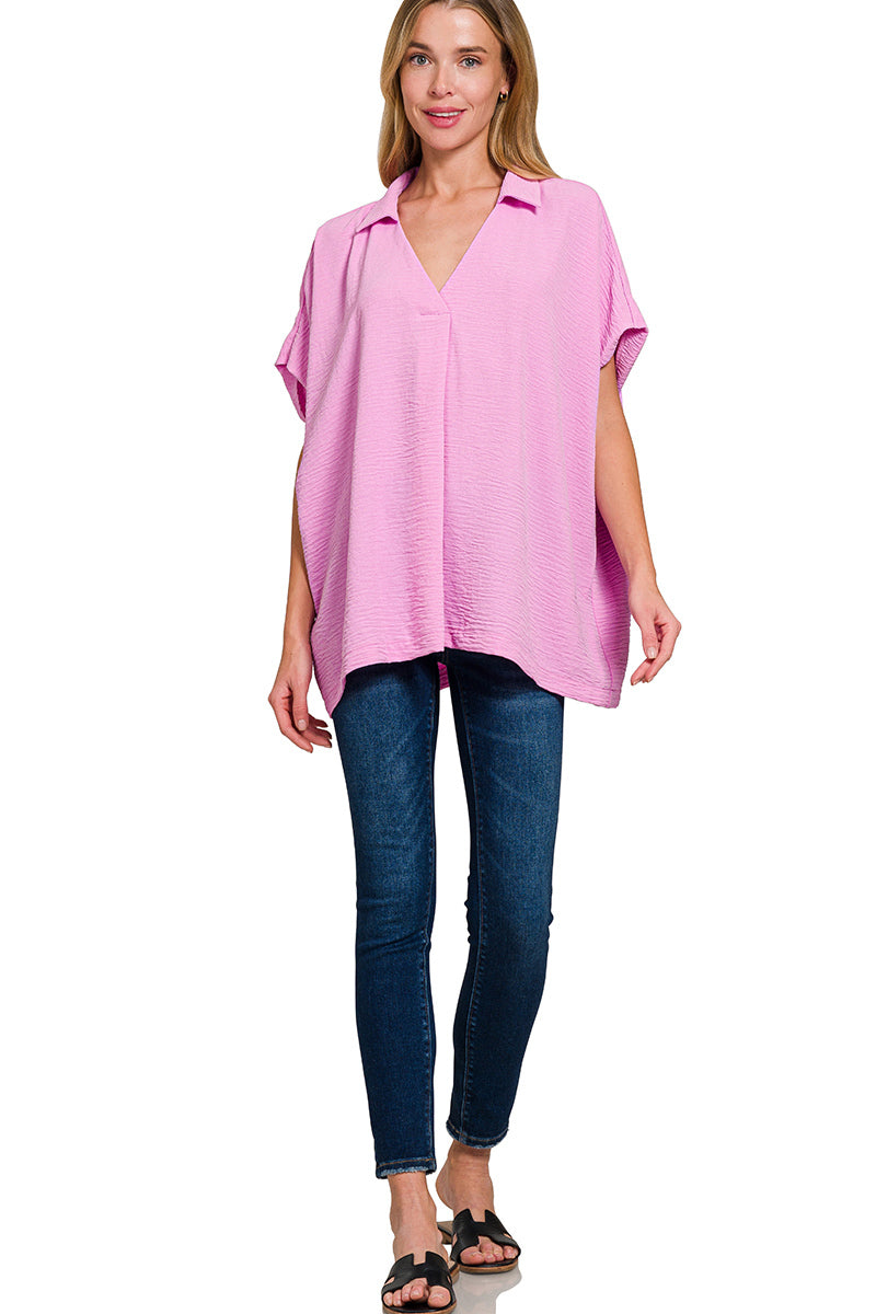 Woven airflow collared v-neck short sleeve top