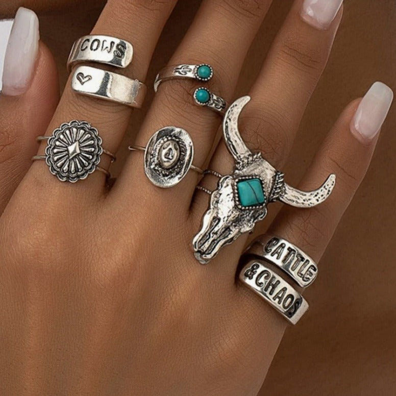 6 Pcs Western Style Turquoise Stone Decor Cattle Cow Head Cowboy Hat Statement Rings Set for Women