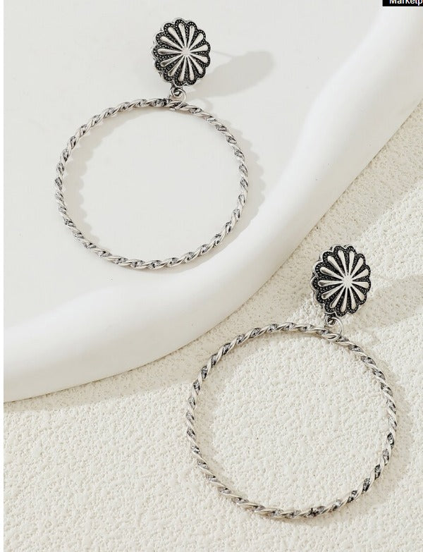 1 Pair Western Ethnic Style Antique Silver Oversized Drop Earring for Women