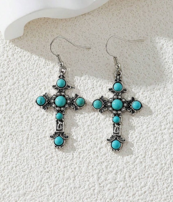 1pair Western Style Alloy Vintage Gothic Cross Earrings With Natural Turquoise Stones, Gift For Mother, Students, Teachers; Suitable For Beach Vacation Style
