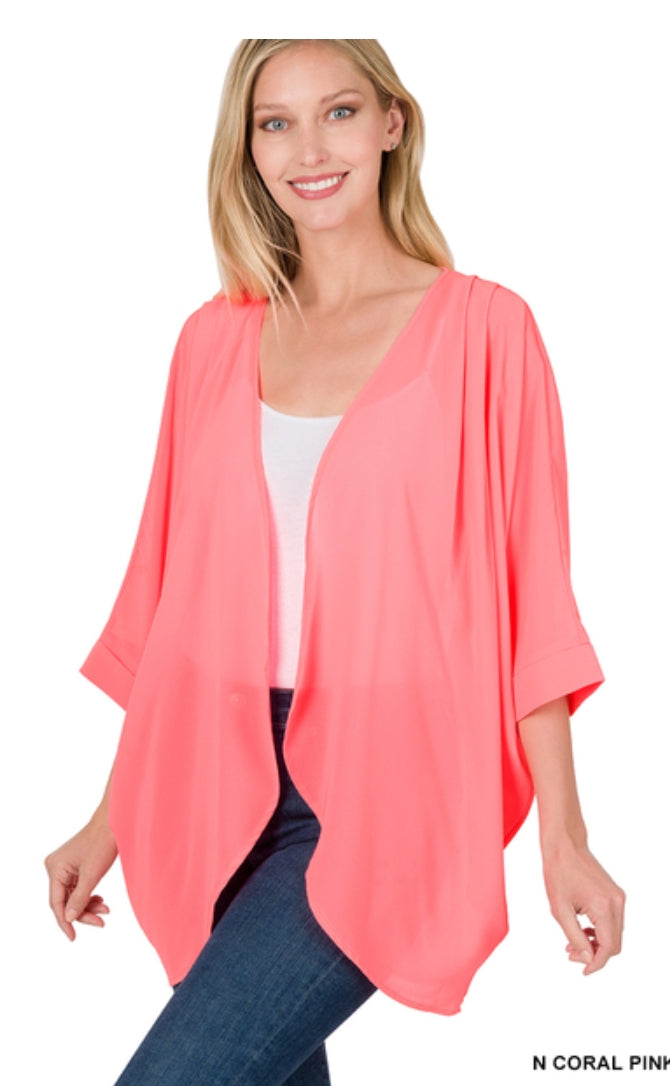 Woven Chiffon Cardigan with Shoulder Pleat