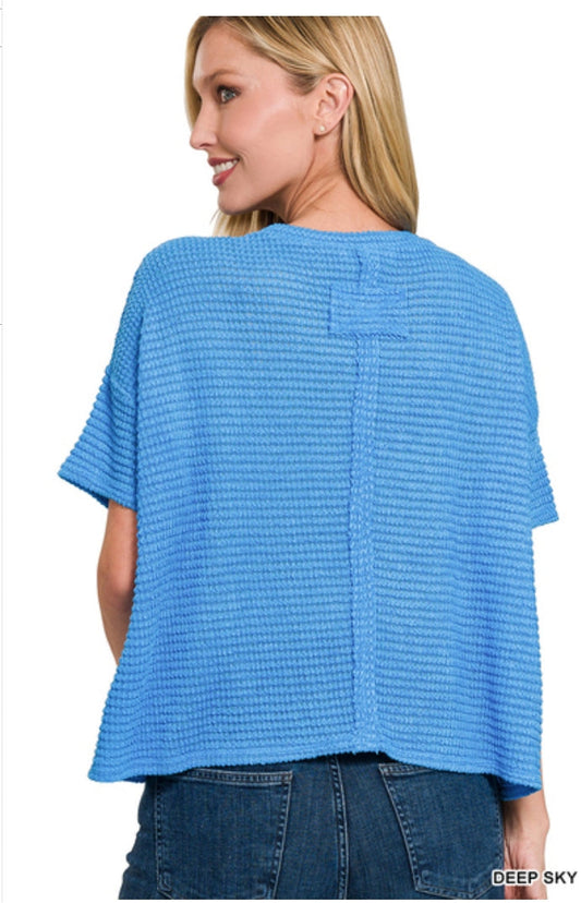 Drop shoulder short sleeve jacquard sweater