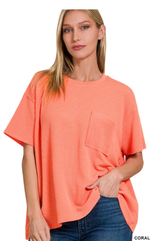 Corded rib short sleeve front pocket top
