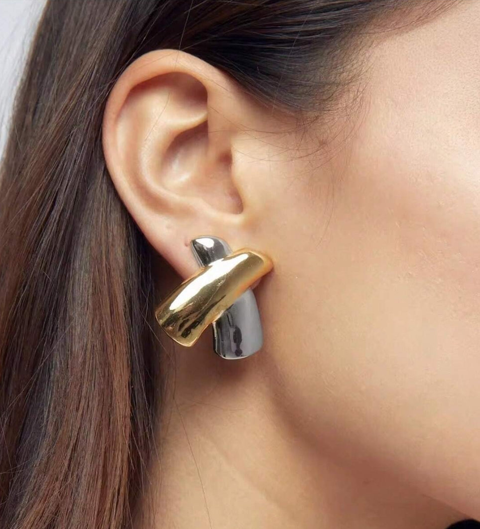 Two Tone Crossover X Gold Earrings