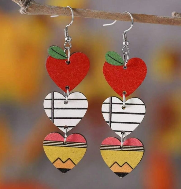 Apple book pencil heart earrings