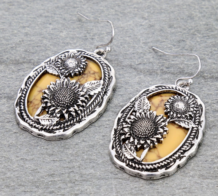 Western Sunflower Cutout Oval Dangle Earrings