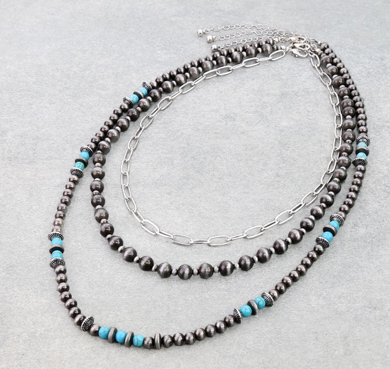 3 Layer Navajo Style Pearl, Bead & Chain Necklace