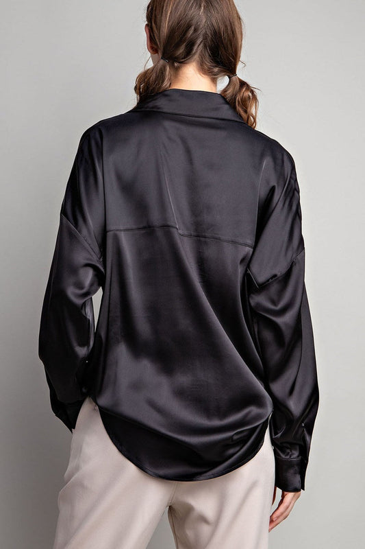 SATIN TAB COLLAR LONG SLEEVE TOP - BLACK - MEDIUM