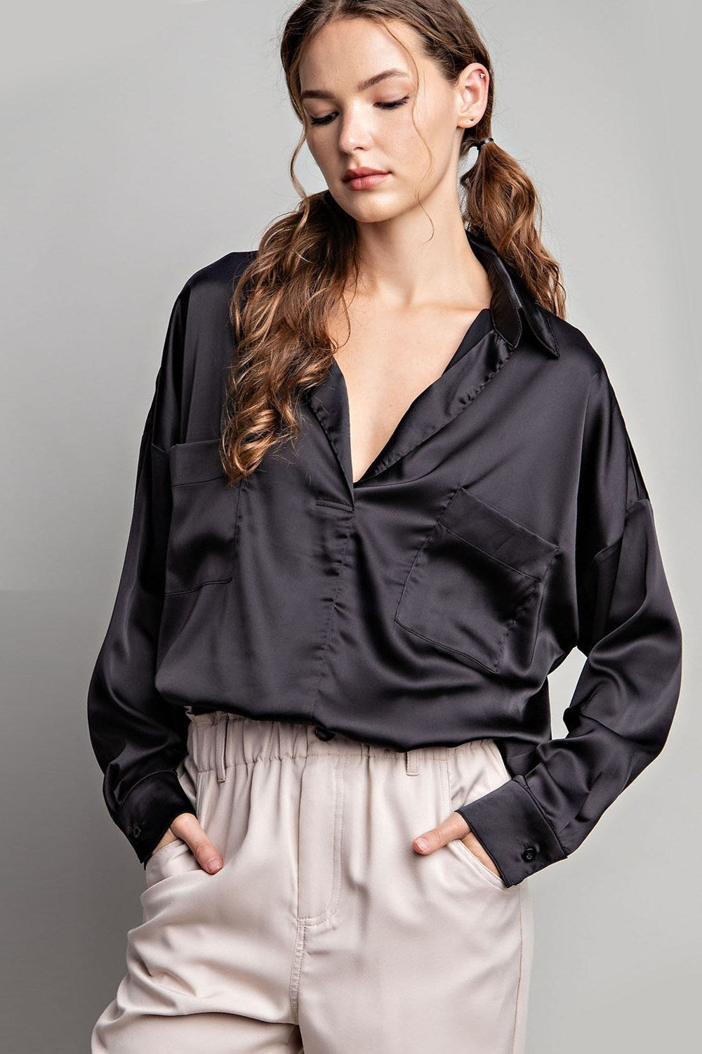 SATIN TAB COLLAR LONG SLEEVE TOP - BLACK - MEDIUM