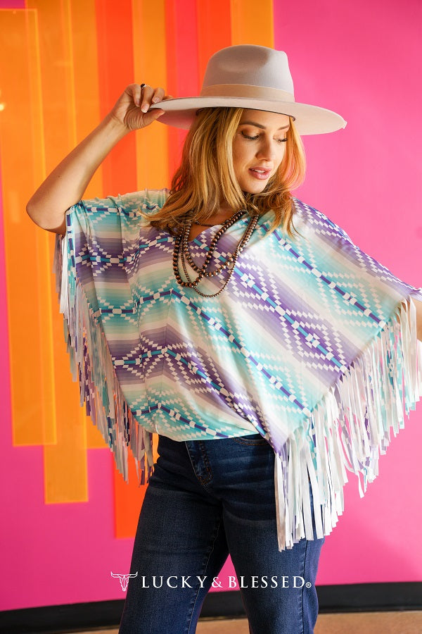 Mint Lavender Serape Fringe Sleeve Top