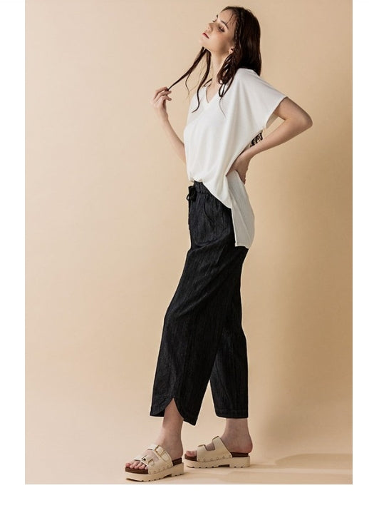 Denim Wide Leg Crop Pants with Dolphine Tail Hem