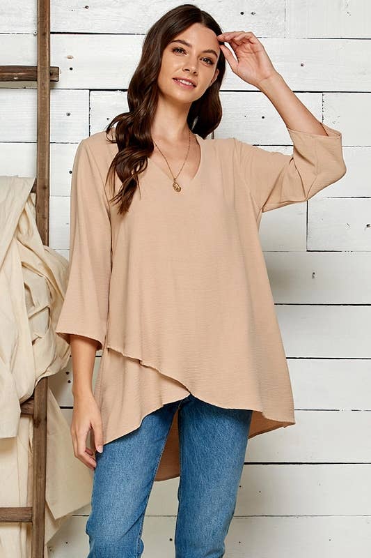 WOMEN V-NECK 3/4 SLEEVE HI-LOW BLOUSE RUST