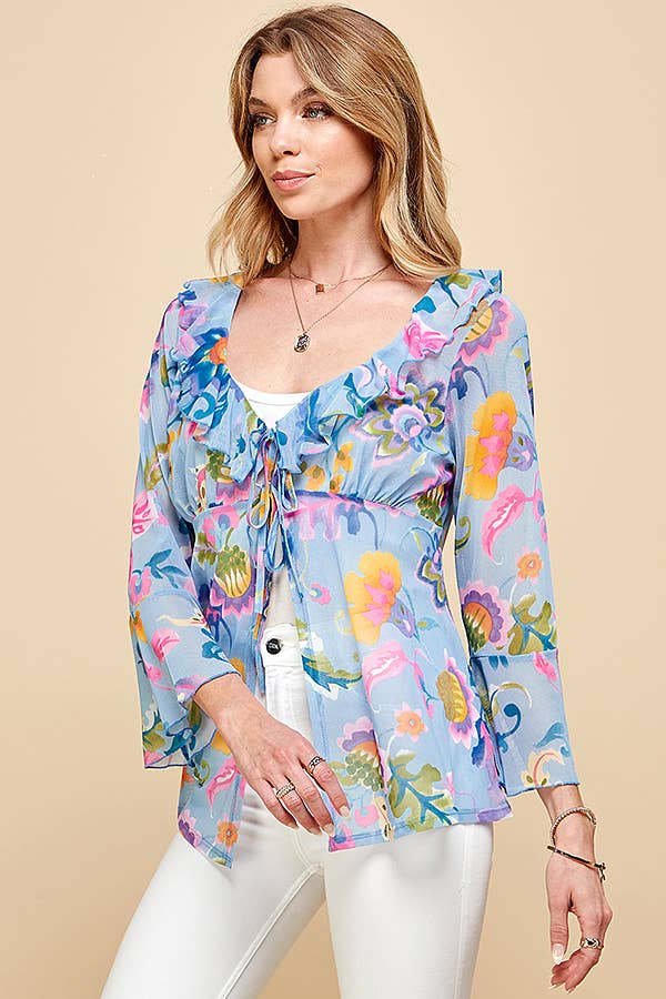 WOMEN MESH FLORAL TIE FRONT BELL SLEEVE TOP