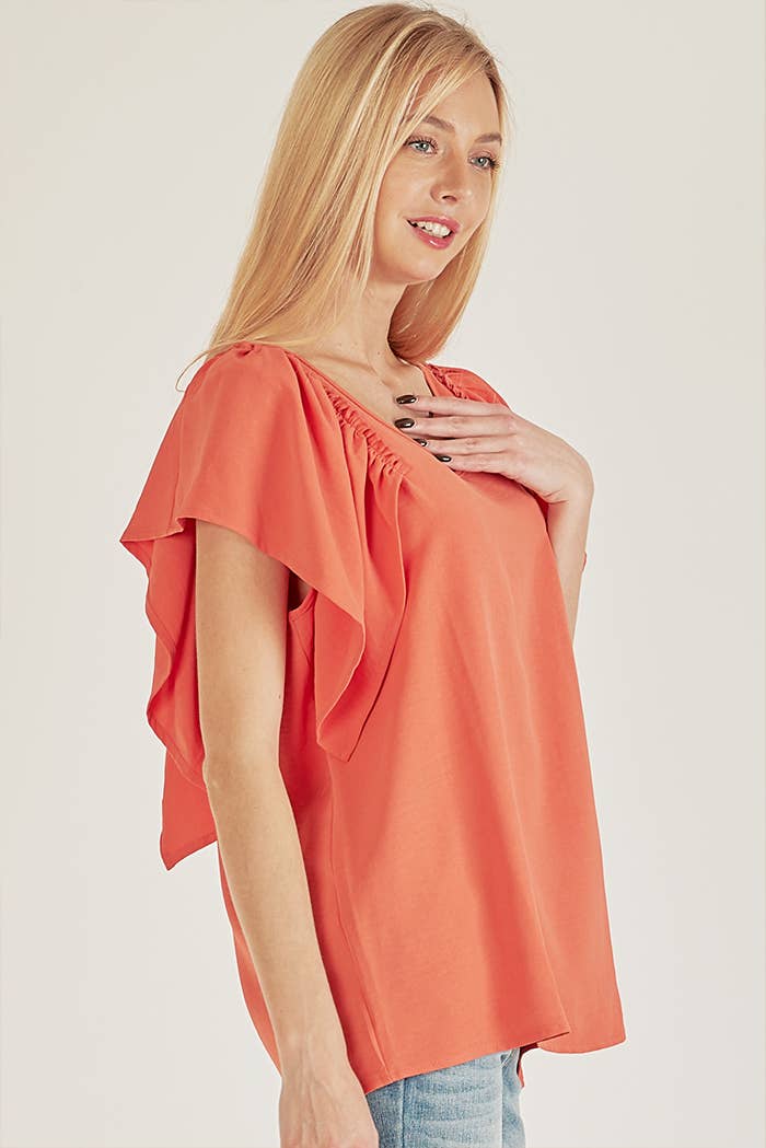 SPT5209 - WOMEN SOLID SHORT RUFFLE SLEEVE LOOSE FITTING TOP