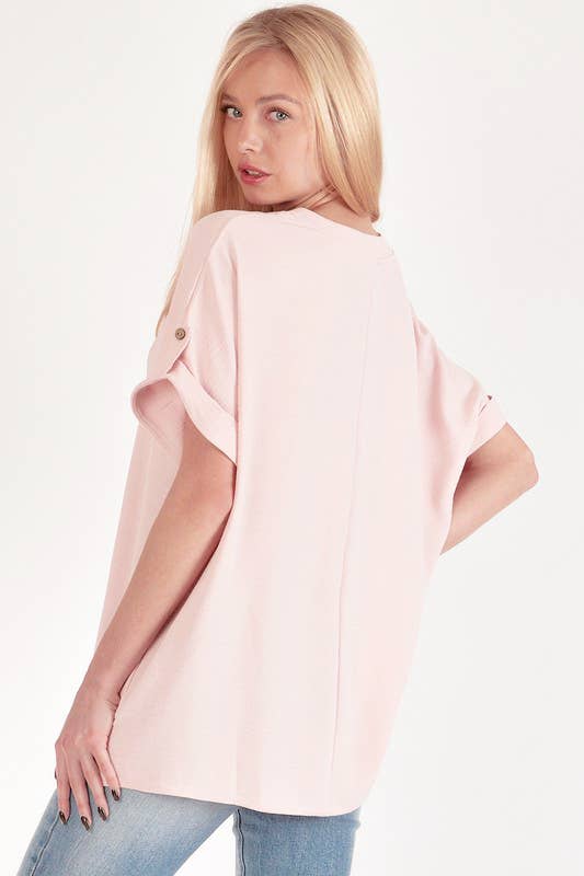 SPT5211 - WOMEN SHORT BUTTON SLEEVE FRONT SLIT LOOSE FIT TOP