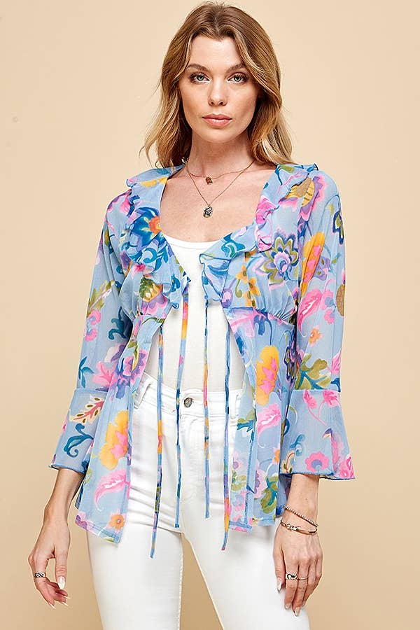WOMEN MESH FLORAL TIE FRONT BELL SLEEVE TOP