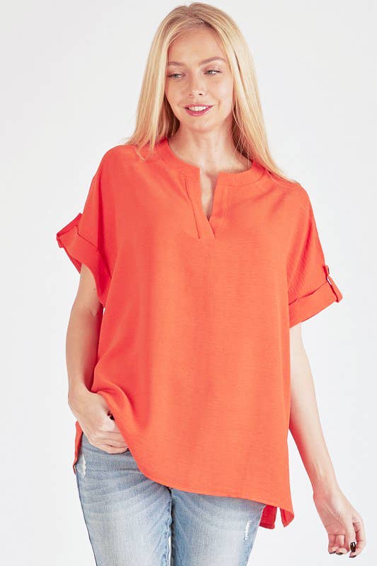 SPT5211 - WOMEN SHORT BUTTON SLEEVE FRONT SLIT LOOSE FIT TOP