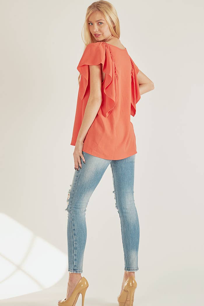 SPT5209 - WOMEN SOLID SHORT RUFFLE SLEEVE LOOSE FITTING TOP