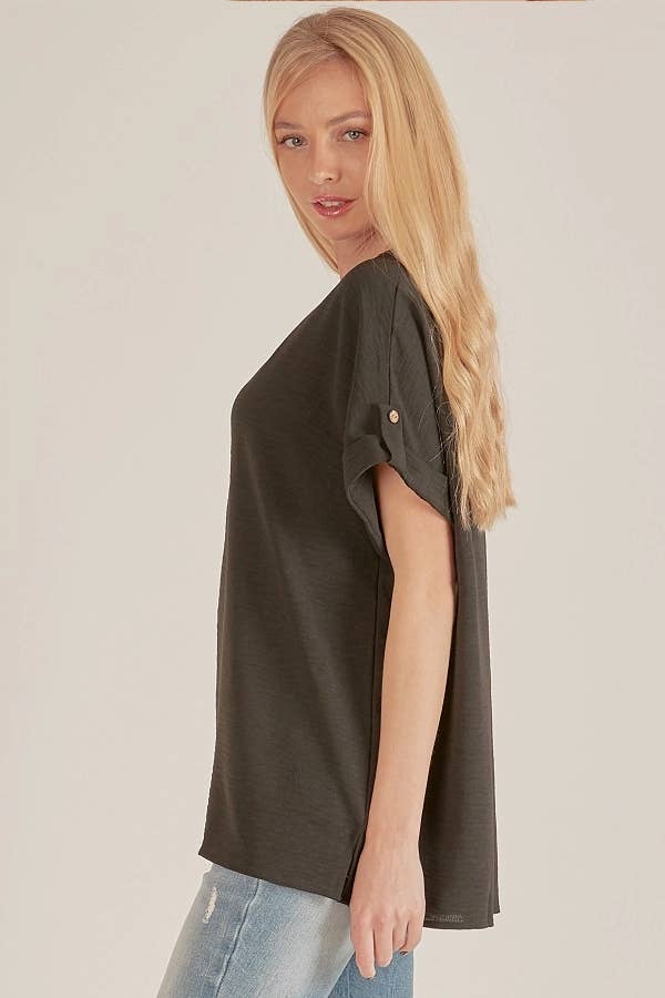 SPT5211 - WOMEN SHORT BUTTON SLEEVE FRONT SLIT LOOSE FIT TOP