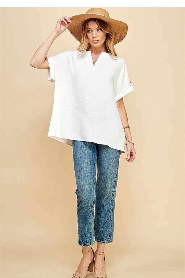 SPT5211 - WOMEN SHORT BUTTON SLEEVE FRONT SLIT LOOSE FIT TOP