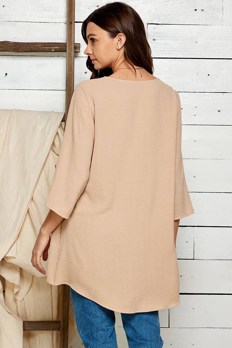 WOMEN V-NECK 3/4 SLEEVE HI-LOW BLOUSE RUST