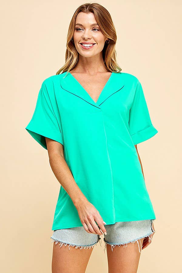 SPT5068. - WOMEN SOLID COLLARED SHORT SLEEVE LOOSE BOXY TOP