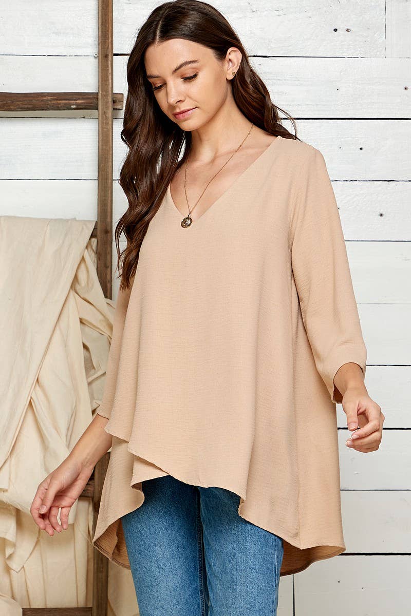 WOMEN V-NECK 3/4 SLEEVE HI-LOW BLOUSE RUST