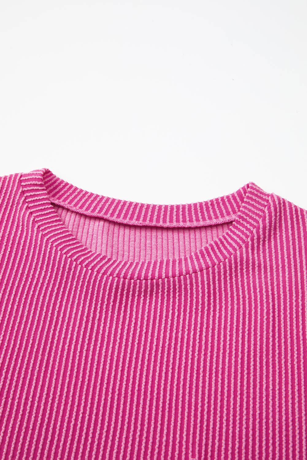 Women Solid Rib Chest Pocket Loose Fit Round Neck Top | S-XL