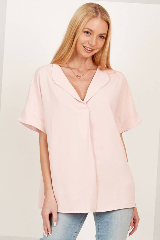 SPT5068. - WOMEN SOLID COLLARED SHORT SLEEVE LOOSE BOXY TOP