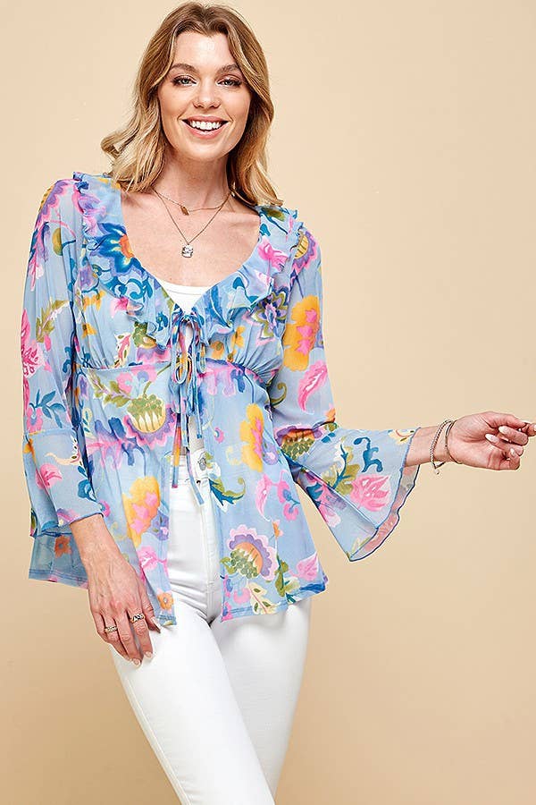 WOMEN MESH FLORAL TIE FRONT BELL SLEEVE TOP