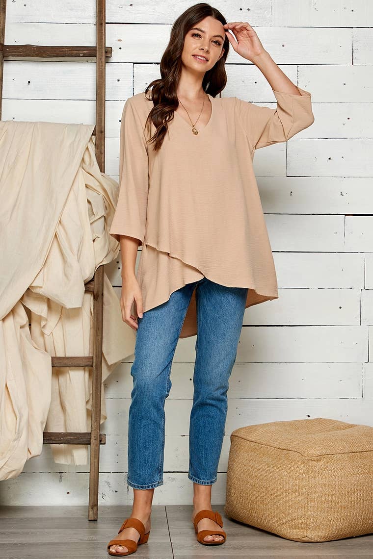 WOMEN V-NECK 3/4 SLEEVE HI-LOW BLOUSE RUST