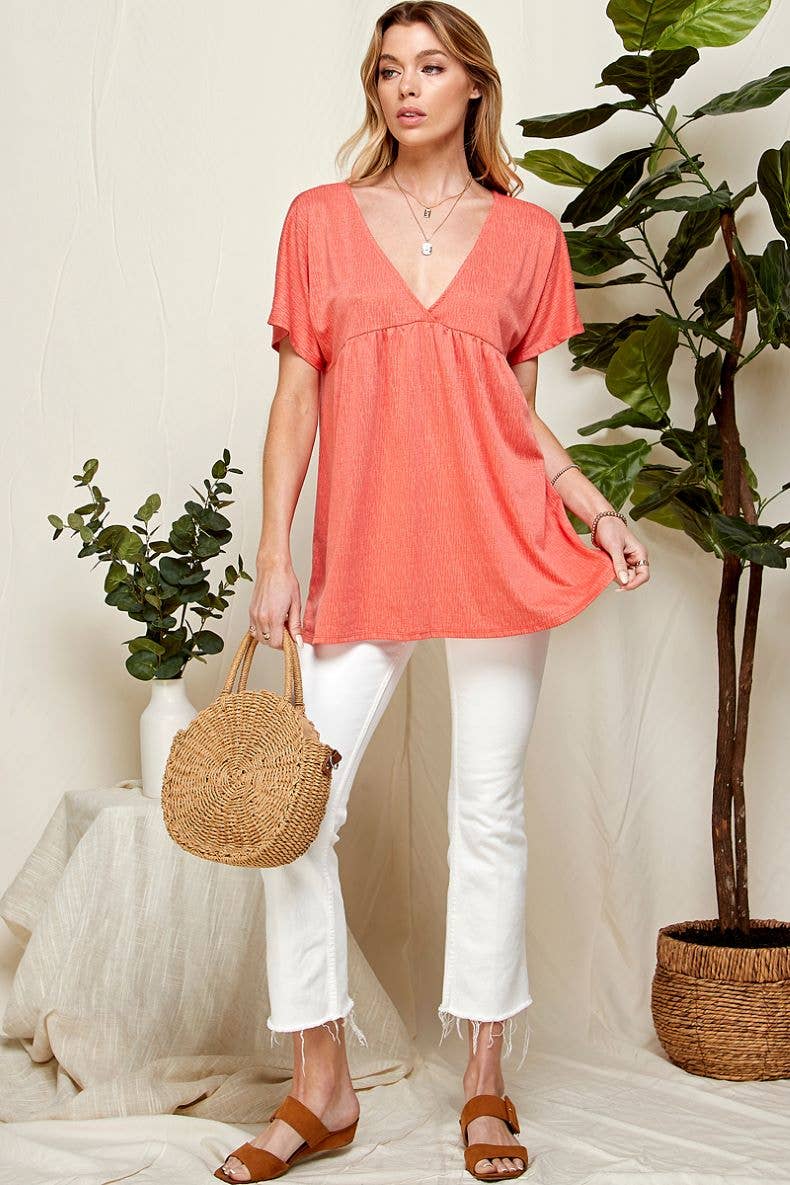 ST21043A - WOMEN SOLID SOFT V NECK BABY DOLL BLOUSE