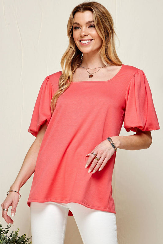 WOMEN PUFF SHORT SLEEVE SQUARE NECK TOP