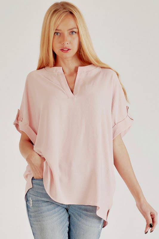 SPT5211 - WOMEN SHORT BUTTON SLEEVE FRONT SLIT LOOSE FIT TOP