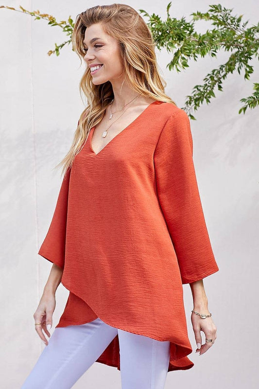 WOMEN V-NECK 3/4 SLEEVE HI-LOW BLOUSE RUST