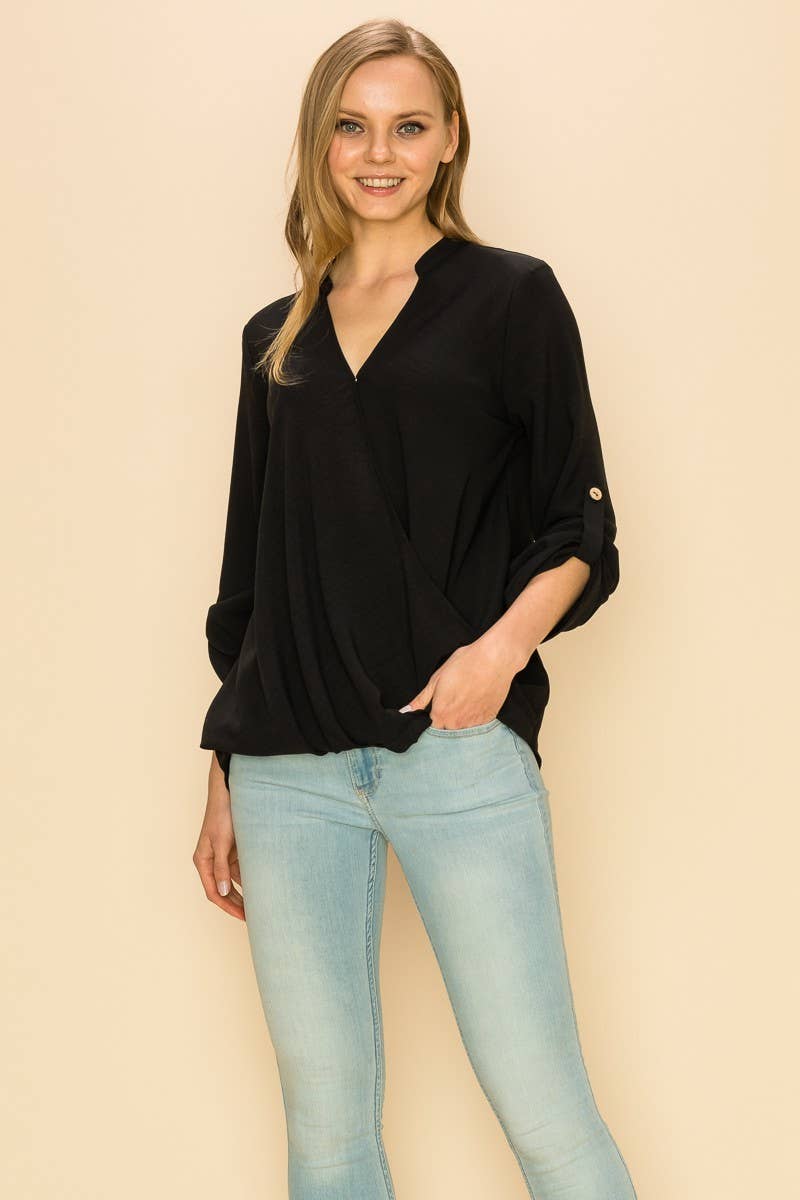 SP4732T-24156 - WOMEN FAUX WRAP BAND COLLAR BLOUSE