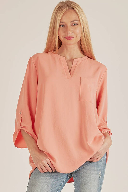 SPT5205. - WOMEN FRONT POCKET SOLID SLIT OPEN LOOSE FIT TOP CORAL