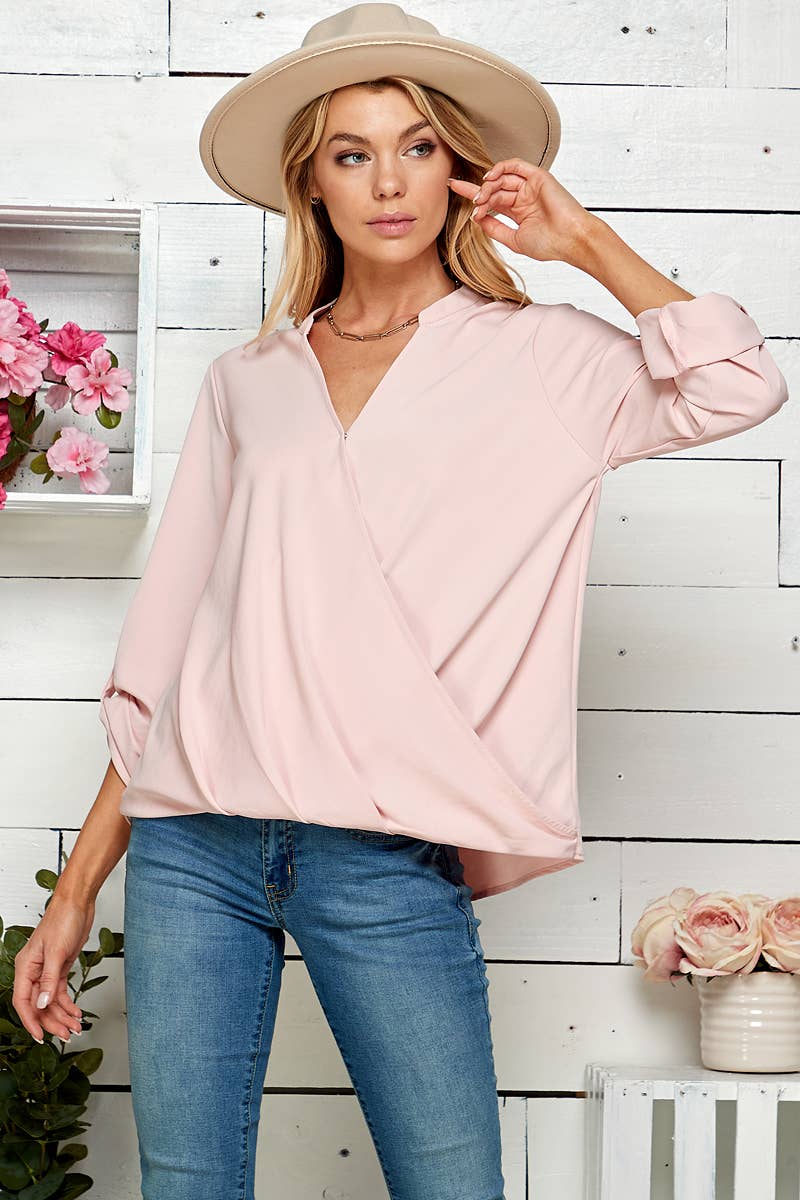 SP4732T-24926 - WOMEN SOLID WRAP CROSSOVER BLOUSE