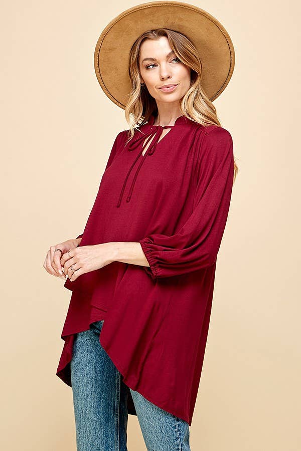 ST4061 - WOMEN SOLID COLLAR BAND WRAP TOP WITH TIE LACES