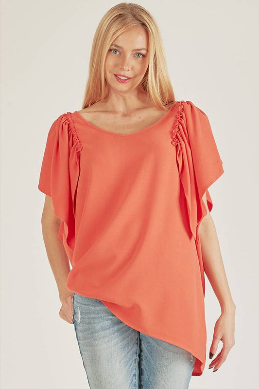SPT5209 - WOMEN SOLID SHORT RUFFLE SLEEVE LOOSE FITTING TOP