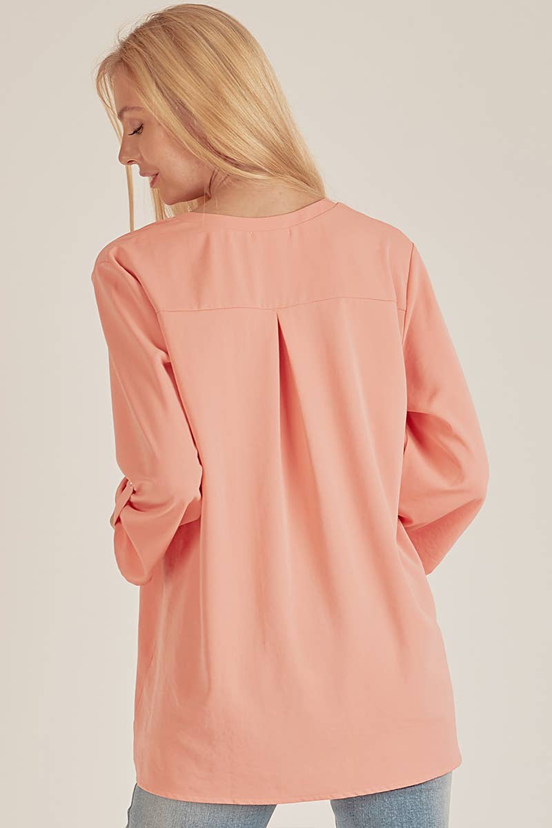 SPT5205. - WOMEN FRONT POCKET SOLID SLIT OPEN LOOSE FIT TOP CORAL