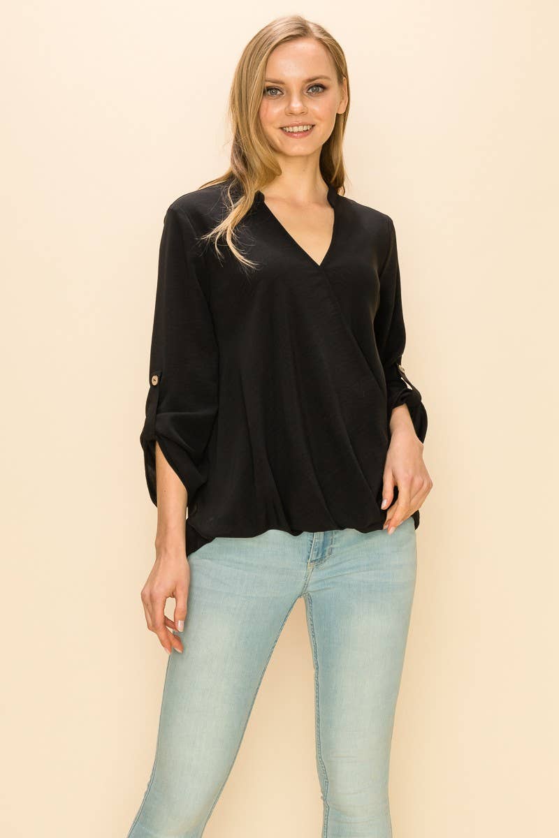 SP4732T-24156 - WOMEN FAUX WRAP BAND COLLAR BLOUSE