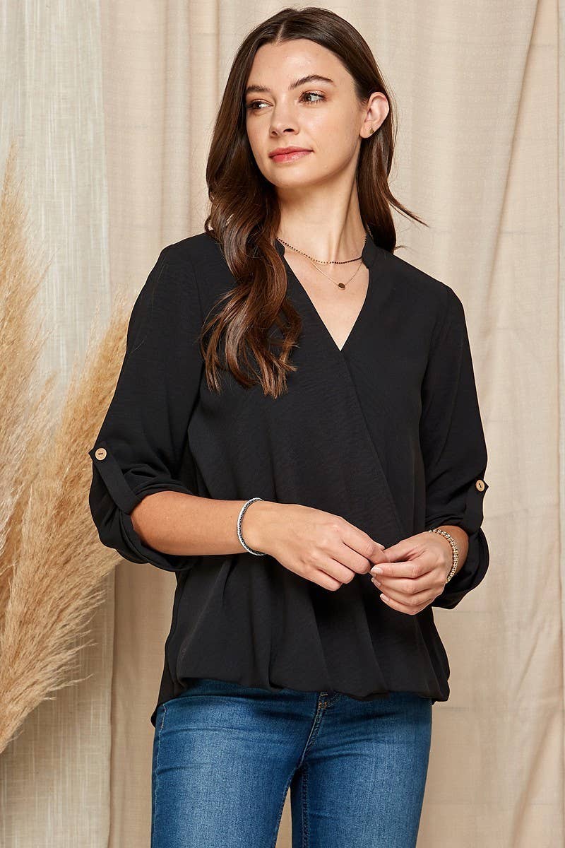 SP4732T-24926 - WOMEN SOLID WRAP CROSSOVER BLOUSE