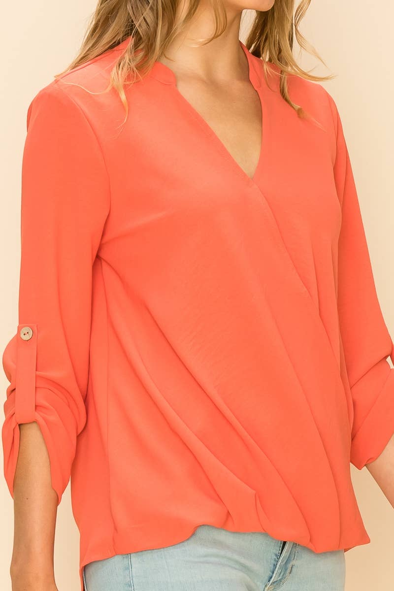 SP4732T-24156 - WOMEN FAUX WRAP BAND COLLAR BLOUSE